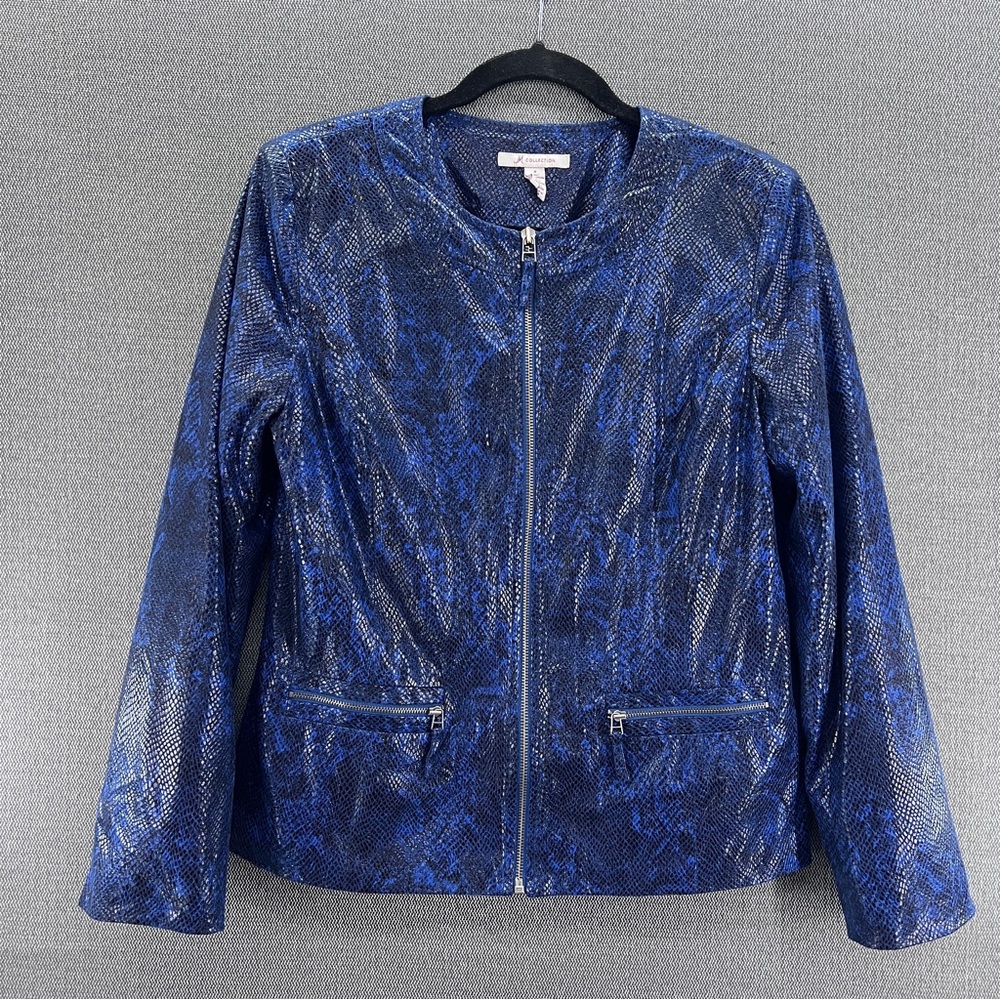 JM Collection Blue Animal‎ Print Full Zip Faux Snake Skin Scoop Neck Jacket 8